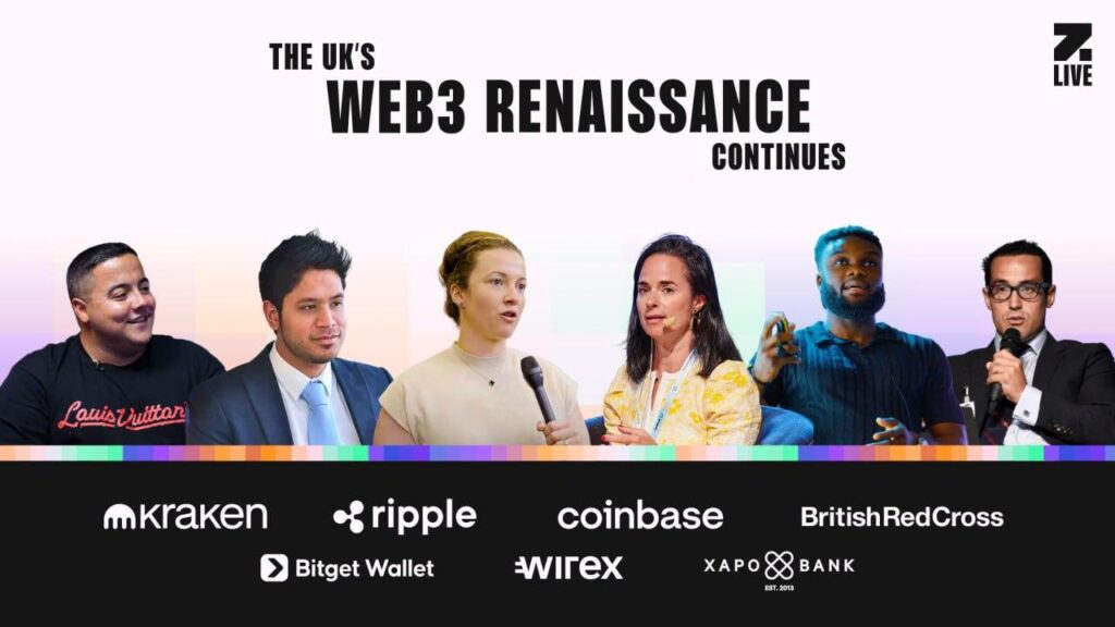 Panel discussion at a Web3 conference with industry leaders and major cryptocurrency company logos including Kraken, Ripple, Coinbase, Bitget Wallet, Wirex, and Xapo Bank