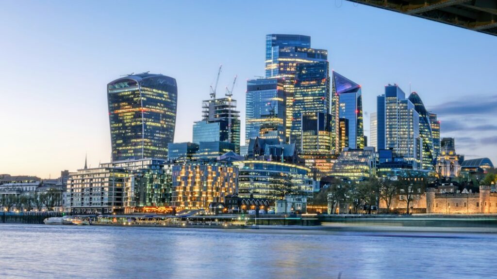 London City skyline lit up at night