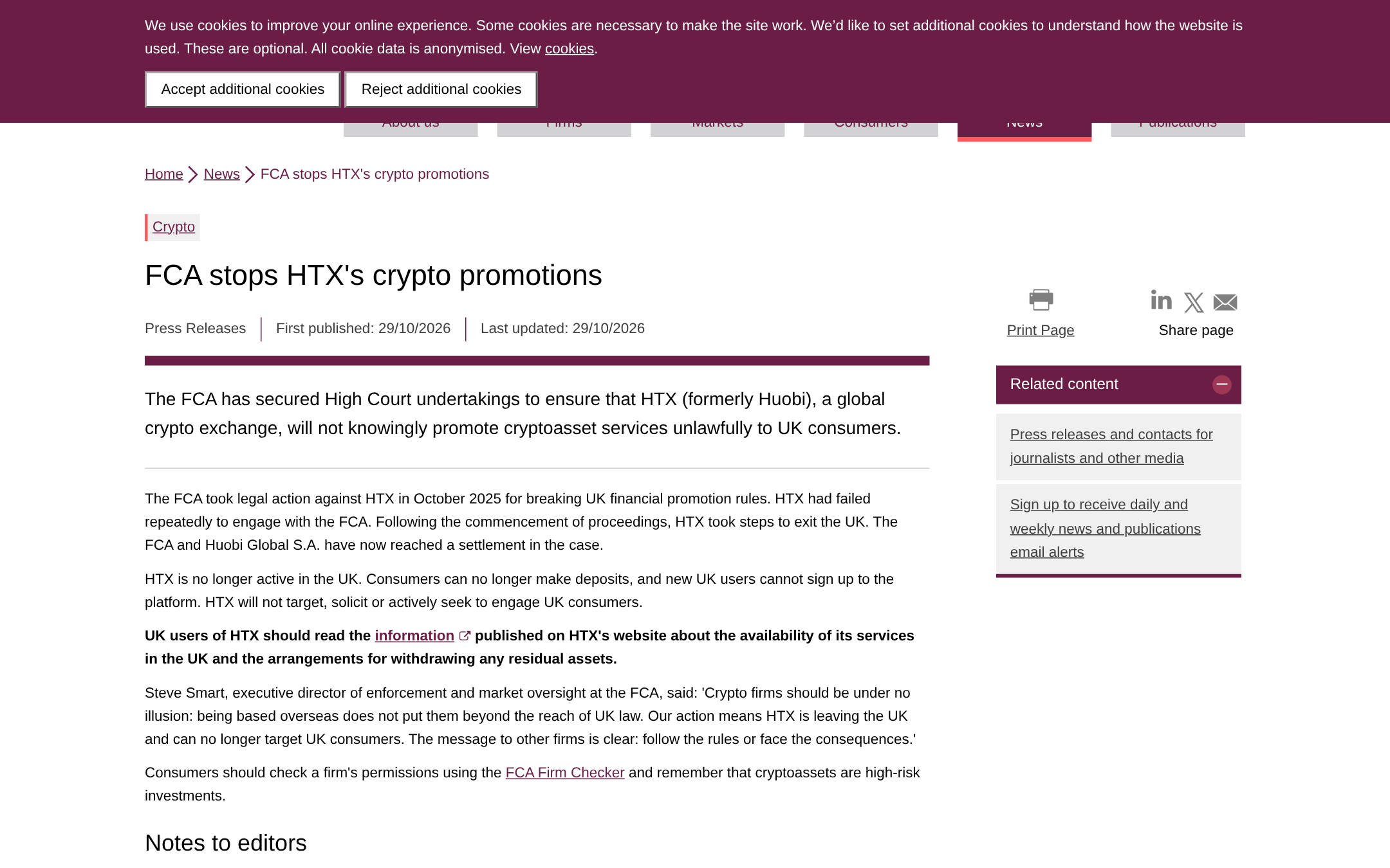 FCA official announcement page on HTX crypto promotions court order