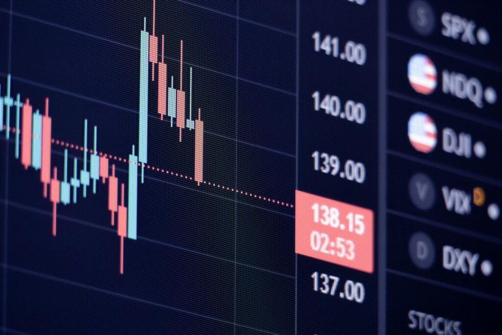 Digital candlestick chart showing market trends on a dark trading screen