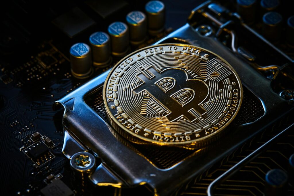 Bitcoin on computer motherboard symbolizing quantum computing security threats