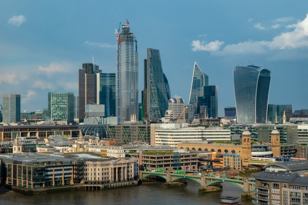 Aerial view of UK city skyline and financial district