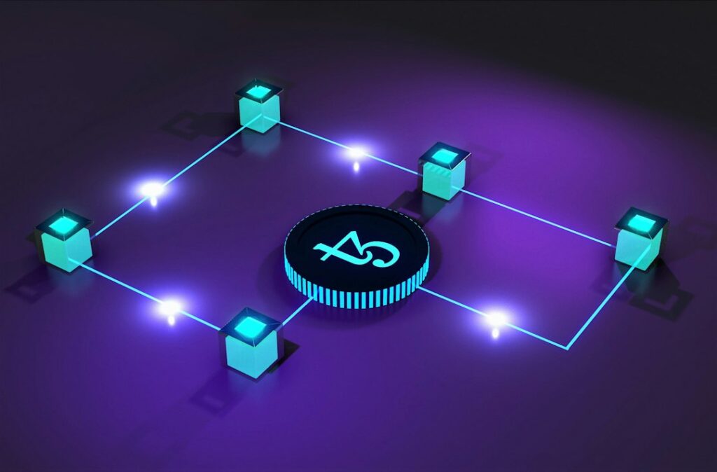 Abstract blockchain network visualization with purple and blue digital infrastructure